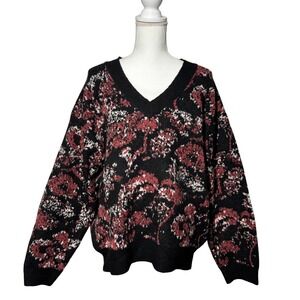 POL Oversized V-Neck Sweater S Black Red Abstract Floral Knit HST21 Excellent